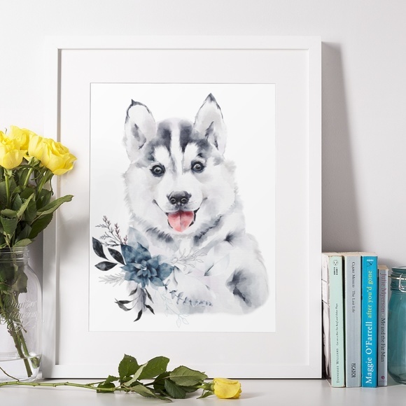 Watercolor Wall Art Husky Puppy Portrait Print Unframed - Picture 3 of 8